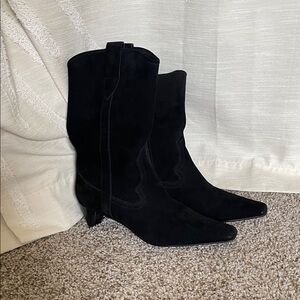Black Suede Mid-Calf Pointed Squared Toe Western Boots